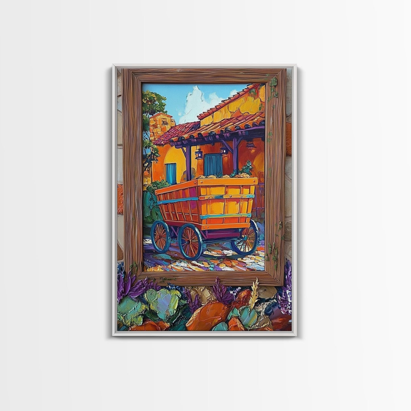 Rustic Wagon, Village, Colorful House Framed Canvas Print, Southwest Home Decor, Farmhouse Kitchen Wall Art, Mexican Art Style