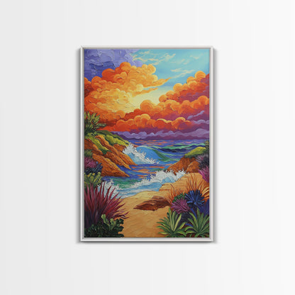 Seaside Sunset, Cliff, Dramatic Clouds Framed Canvas Print, Vibrant Ocean Wall Decor, Bathroom Beach Art, Coastal Expressionism