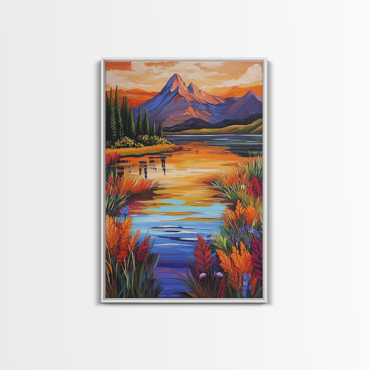 Mountain Autumn, River, Vibrant Reflection Canvas Print, Nature Wall Decor, Cabin or Lodge Living Room Art, Fall Landscape Style