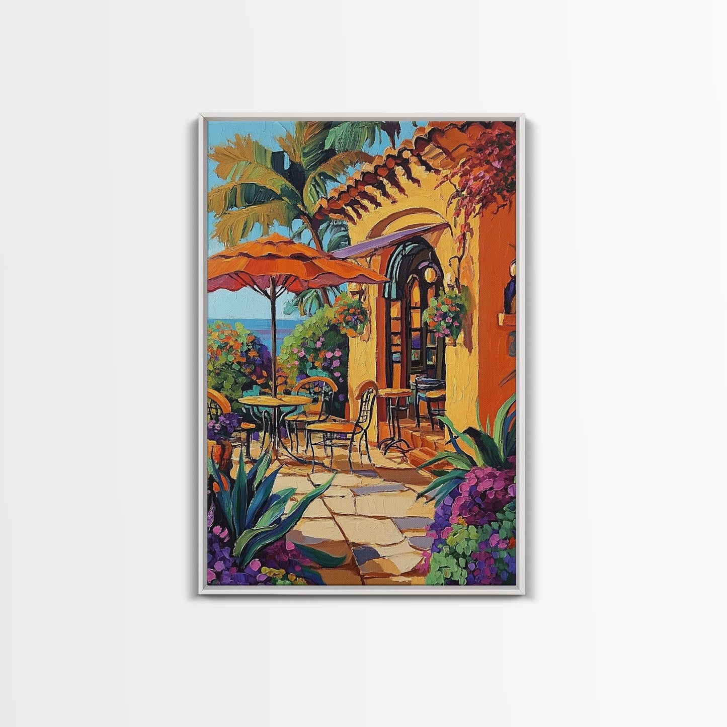 Bistro Patio, Sun, Canvas Print, Mediterranean cafe painting, kitchen wall art, outdoor charm artwork, sunny terrace decor, cozy nook print