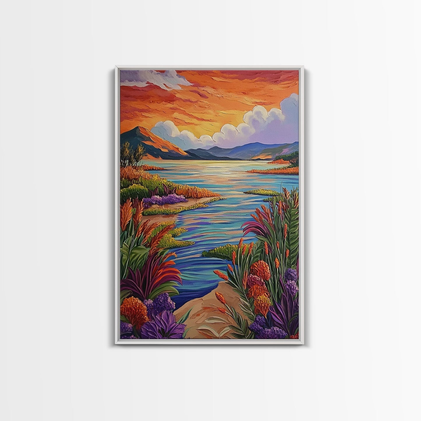 Lake Sunset, Wildflowers, Peaceful, Framed Canvas Print, Serene Nature Wall Art, Bedroom or Living Room Decor, Vibrant Landscape Style