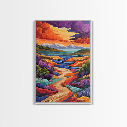 Mountains River, Clouds, Autumn, Framed Canvas Print, Bold Fall Landscape Art, Cozy Cabin Decor, Nature Lover Living Room Accent
