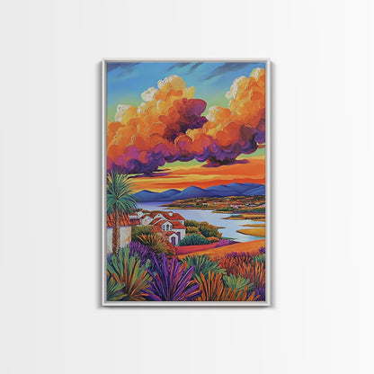 Village Sunset, Clouds, Landscape, Framed Canvas Print, Colorful Scenic Wall Art, Rustic Living Room Decor, Mediterranean Countryside