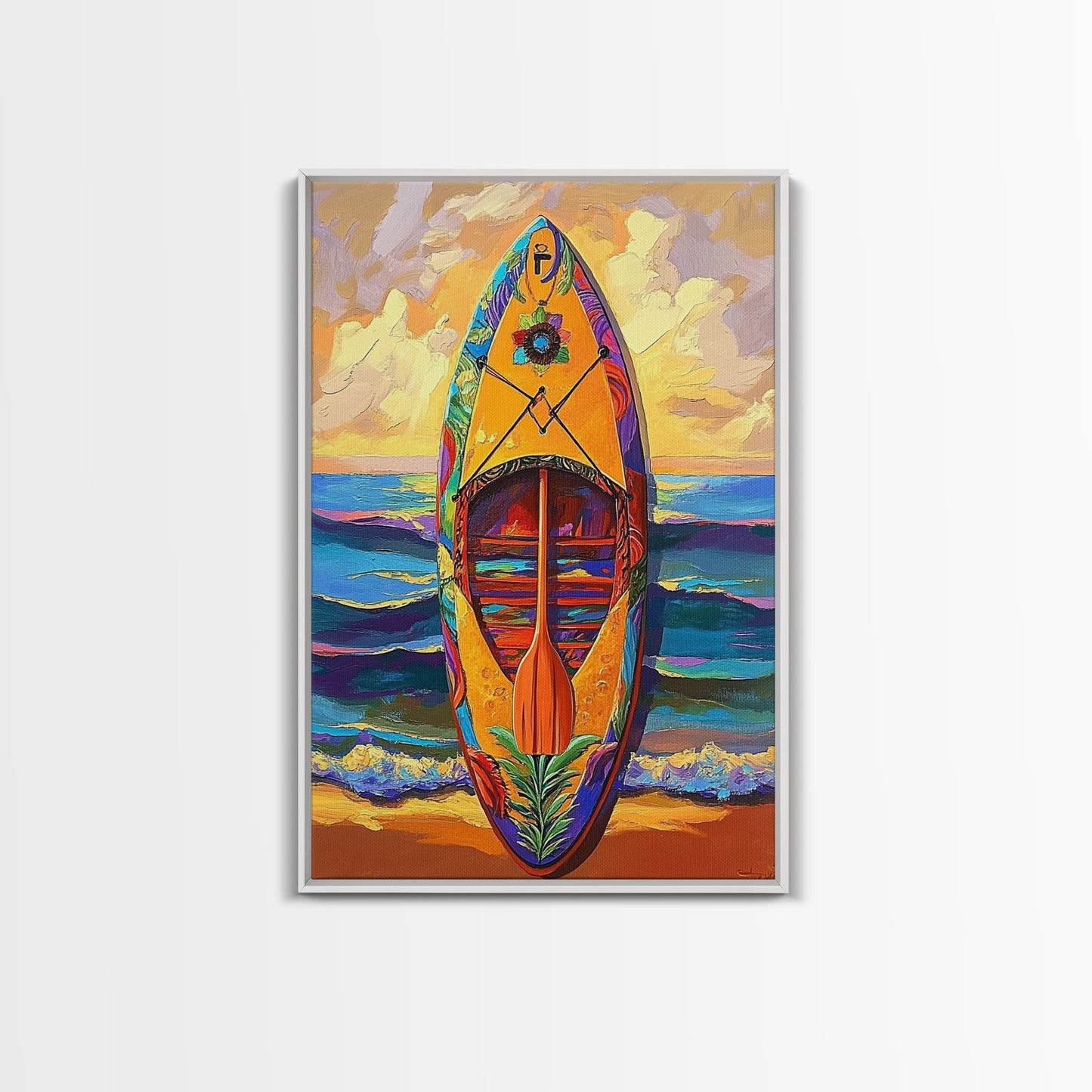 Yellow Surfboard Art, Vibrant Paddle Print, Colorful Beach Decor, Coastal Ocean Wall, Framed Canvas Print, Bathroom Wall Art, tropical art