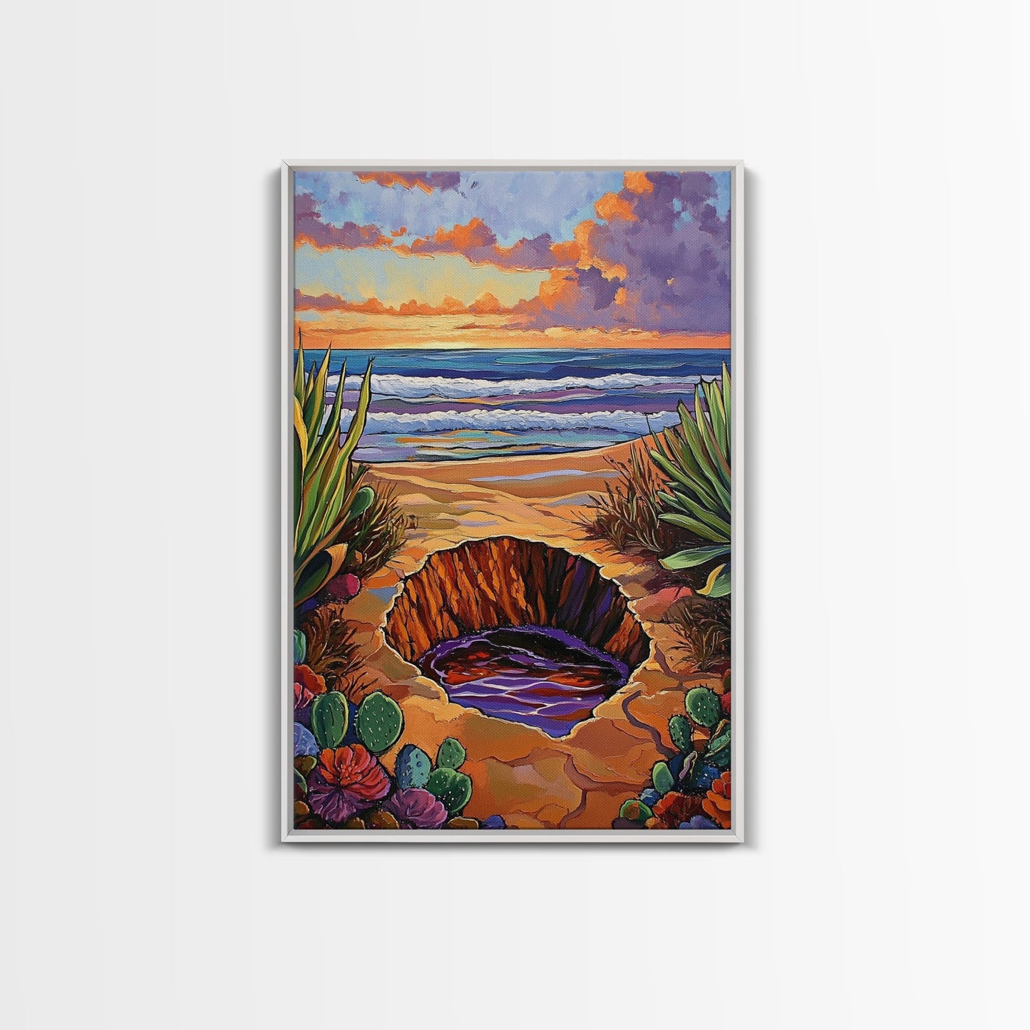 Desert Coast, Sunset Beach, Nature Hole, Surreal Art, Framed Canvas Print, Bedroom Wall Art, trippy boho decor, colorful landscape
