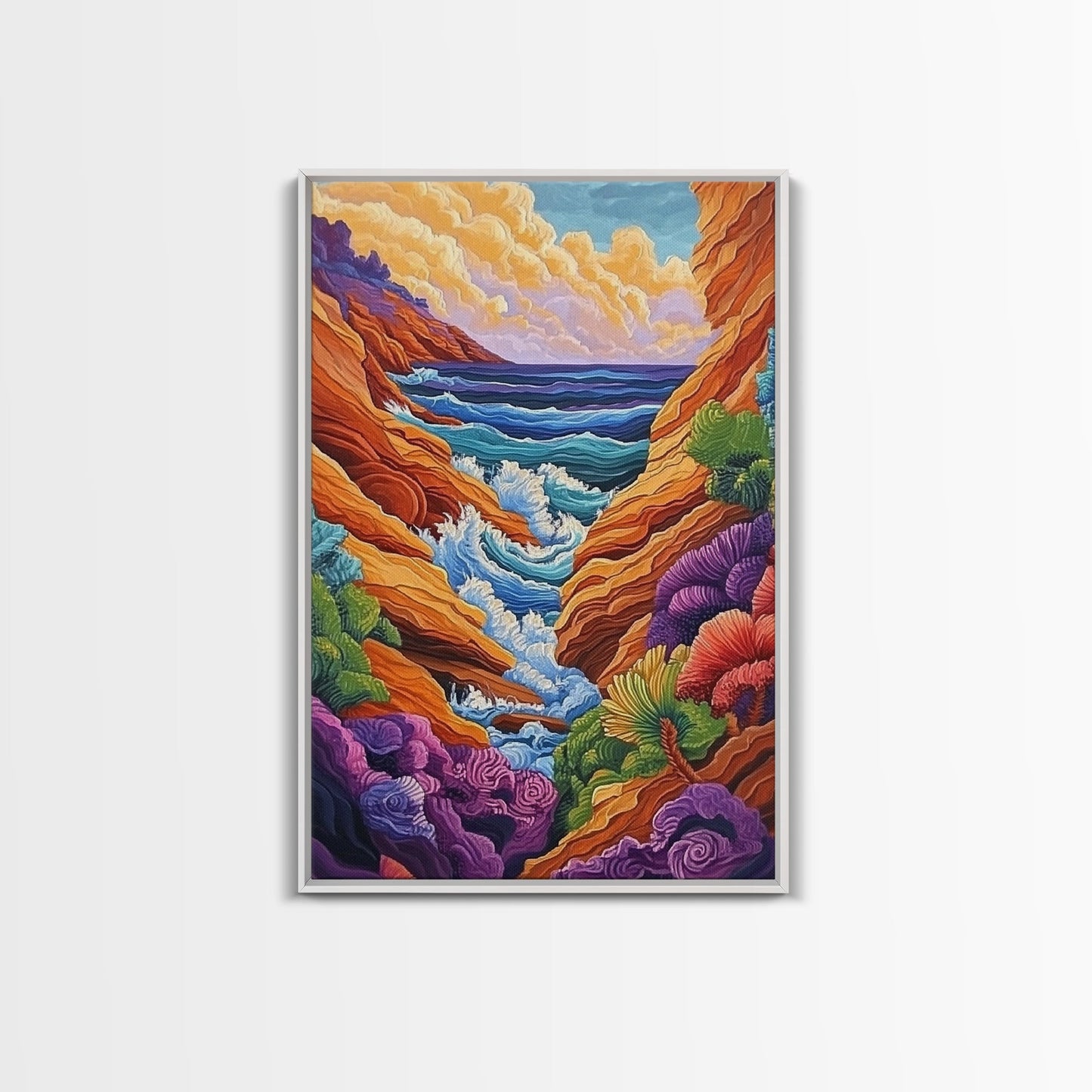 Wild Coast, Ocean Energy, Bold Waves, Colorful Rocks, Canvas Print, Eclectic Wall Art, Coastal Retreat Decor, Psychedelic Ocean Art