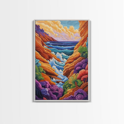 Wild Coast, Ocean Energy, Bold Waves, Colorful Rocks, Canvas Print, Eclectic Wall Art, Coastal Retreat Decor, Psychedelic Ocean Art