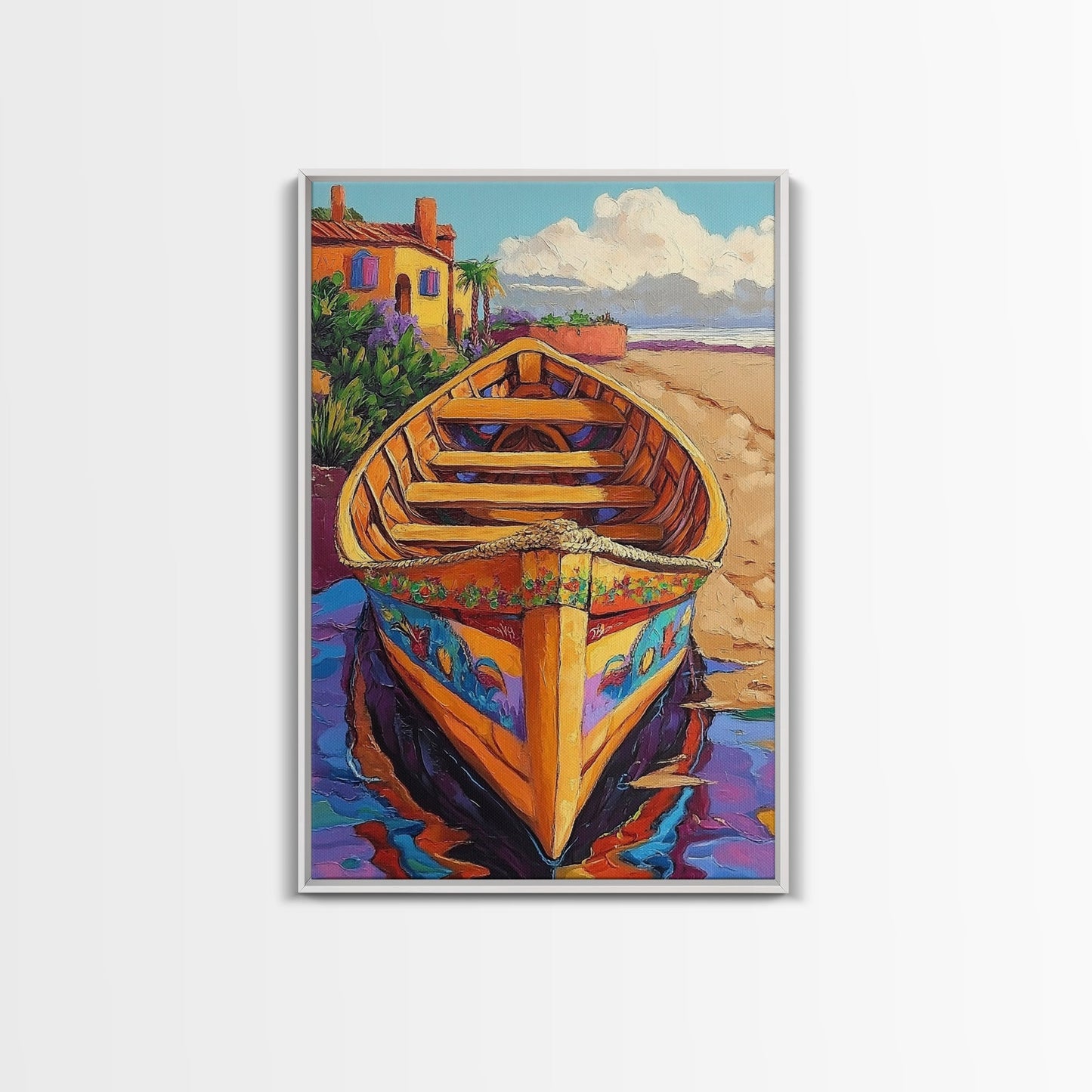 Painted Boat, Coastal Home, Nautical Style, Vibrant Beach Scene, Seaside Decor, Bathroom Wall Art, Canvas Print, Summer Vibes Art
