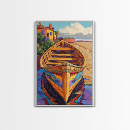 Painted Boat, Coastal Home, Nautical Style, Vibrant Beach Scene, Seaside Decor, Bathroom Wall Art, Canvas Print, Summer Vibes Art