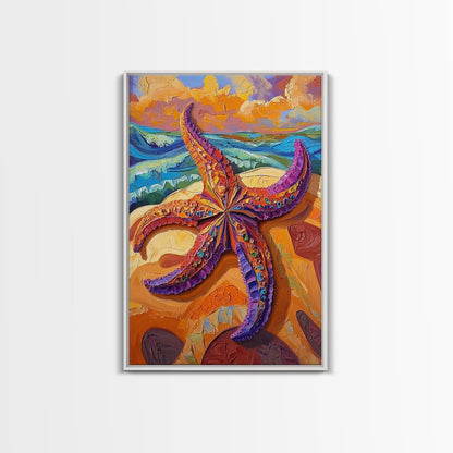 Starfish Closeup, Vibrant Shore, Ocean Texture, Coastal Beauty, Framed Canvas Print, Bathroom Wall Art, Beach House Decor, Seaside Boho Art