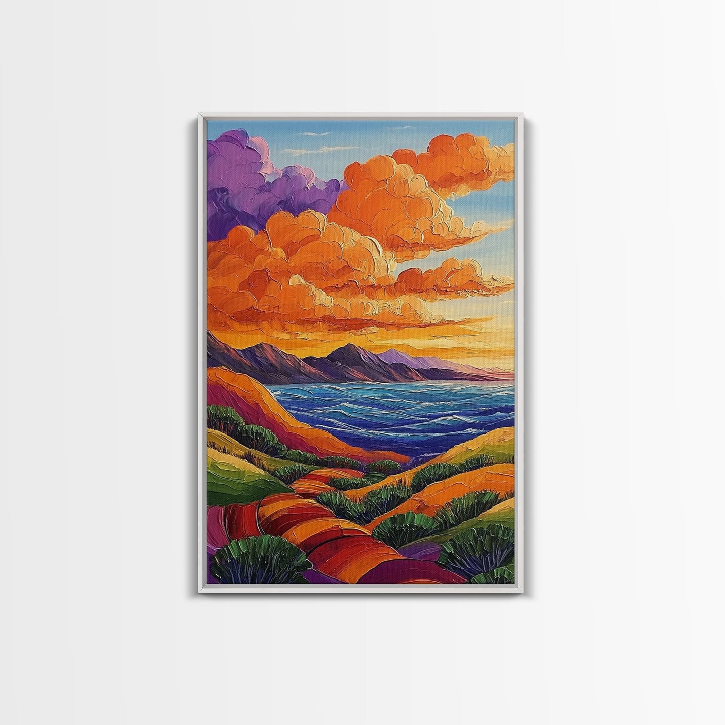 Coastal Hills, Sunset Path, Ocean View, Fiery Sky — Framed Canvas Print Autumn landscape painting, colorful kitchen wall art, boho decor