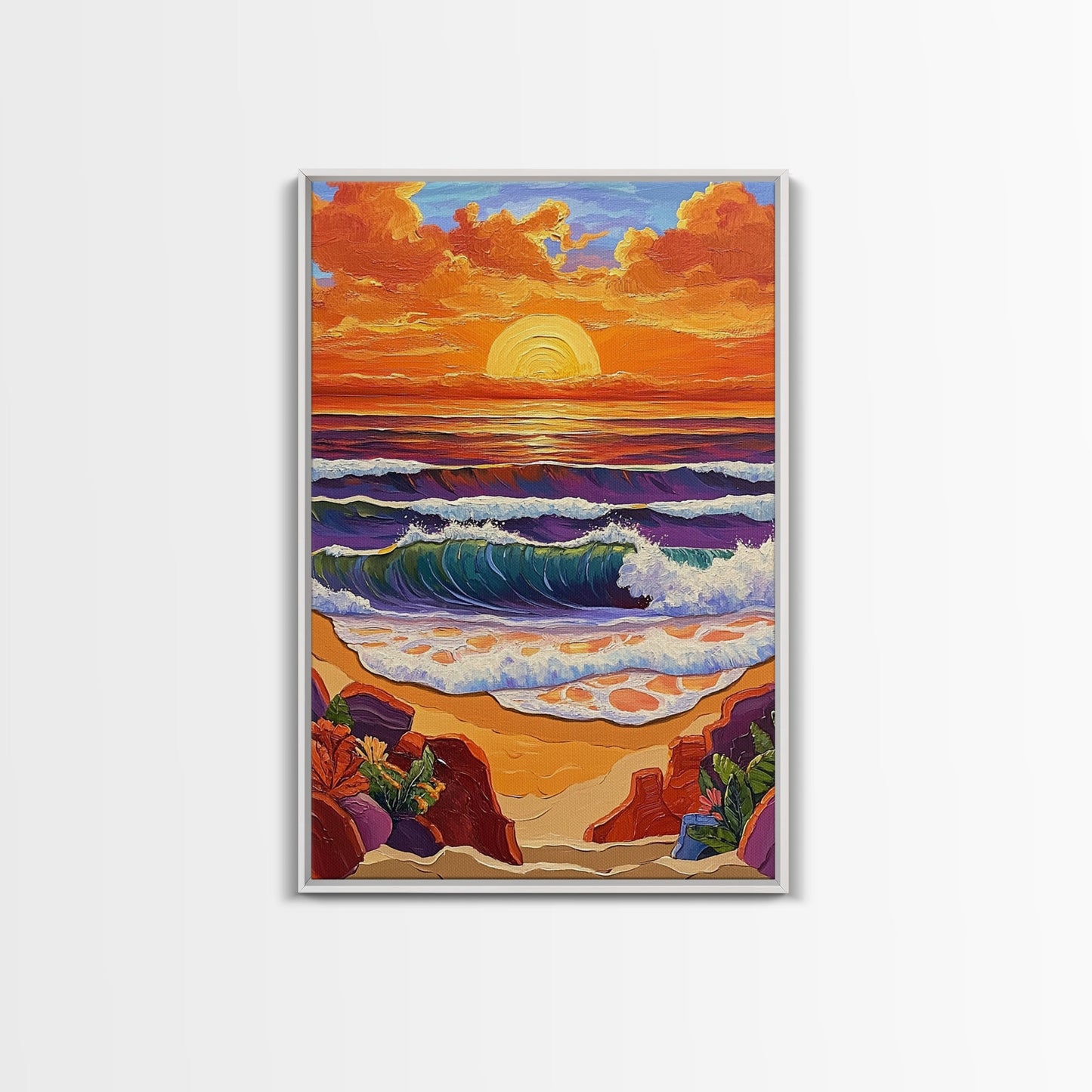 Sunset Beach, Crashing Waves, Golden Sky, Ocean Horizon — Canvas Print tropical landscape art, bathroom wall decor, modern beach vibe