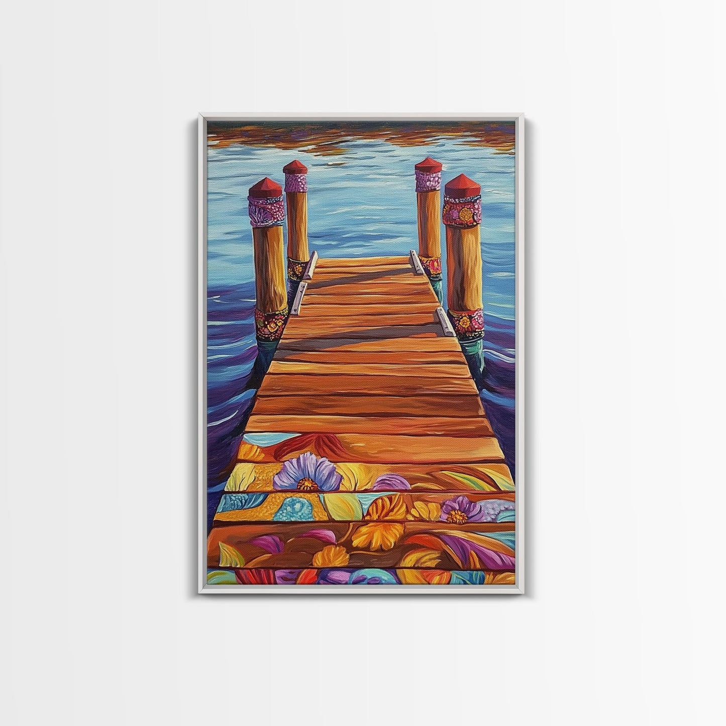 Painted Dock Scene, Vibrant Water Art, Lake House Decor, Canvas Print, Boho Coastal Wall Art, Summer Vibes, Nature Inspired