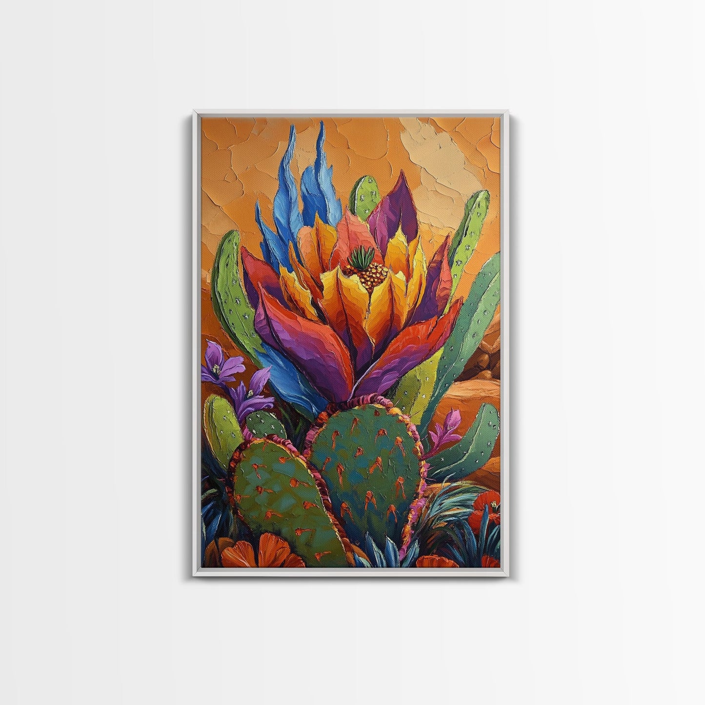 Cactus Blooming, Desert, Vivid, Framed Canvas Print bold southwest art, colorful desert cactus, southwestern home decor, kitchen wall art
