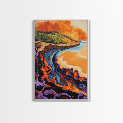 Lava Coastline, Molten Waves, Abstract Nature, Volcanic Scene, Framed Canvas Print, Fall Wall Art, Moody Decor, Earthy Abstract Art