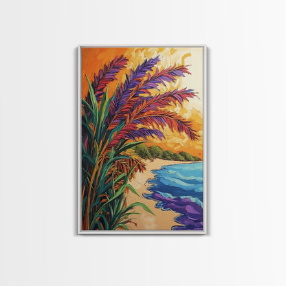 Vibrant Beach Grass, Sunset Ocean View, Coastal Wall Decor, Tropical Vibes, Framed Canvas Print, Summer Living Room Wall Art