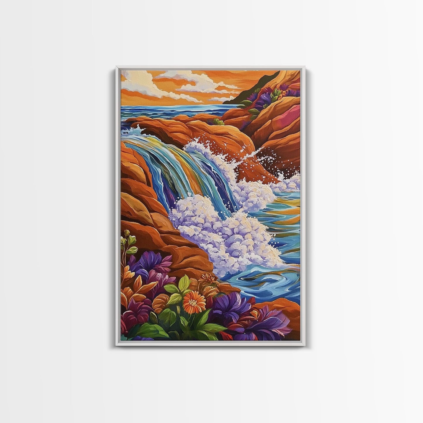 Coastal Waterfall, Ocean Rocks, Tropical Seascape, Sunset Art, Framed Canvas Print bathroom decor, beach lovers gift, colorful nature art