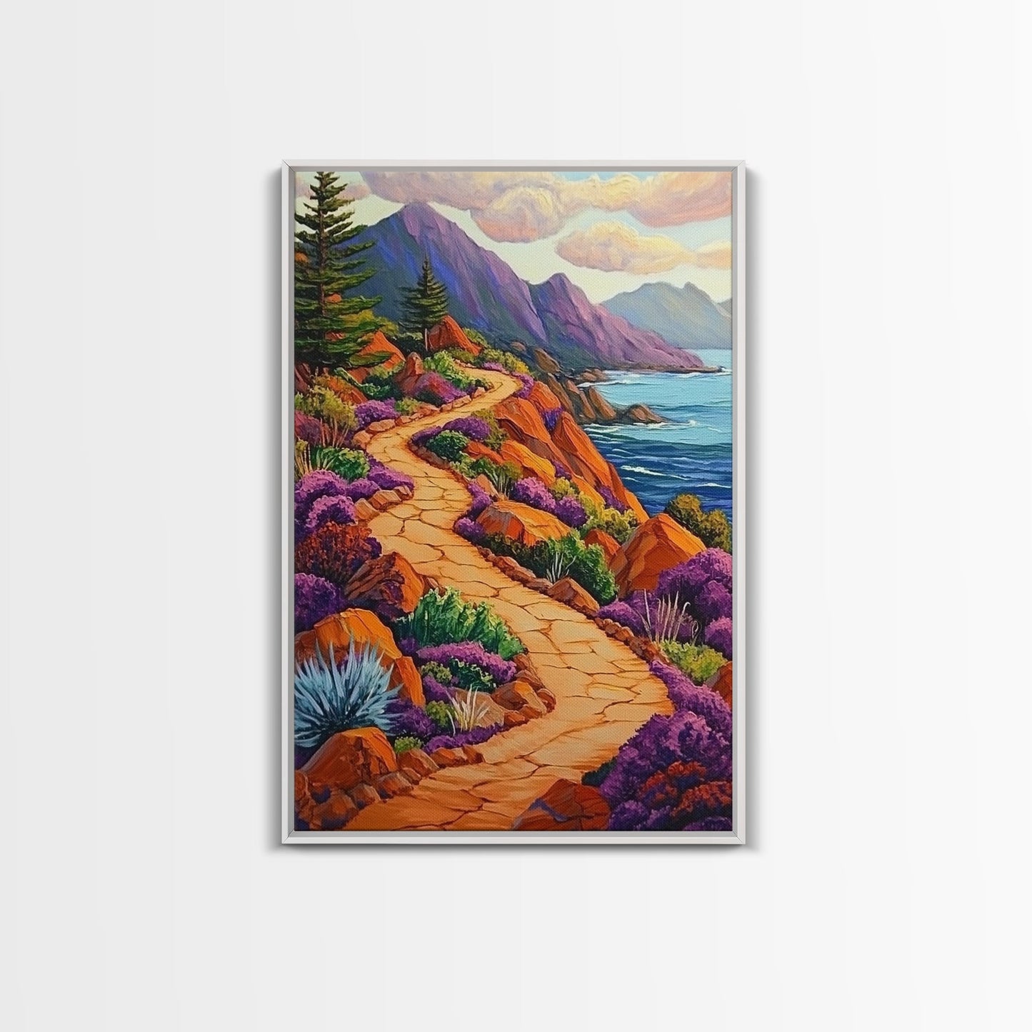 Winding Trail, Ocean Cliffs, Coastal Landscape, Mountain View, Framed Canvas Print, rustic wall art, cabin decor, colorful nature painting