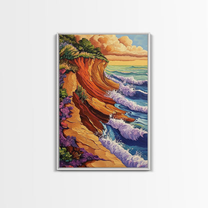 Waves Cliffs, Nature Surf, Canvas Print dramatic ocean surf painting, coastal boho landscape art, Living Room Wall Art, beachy decor