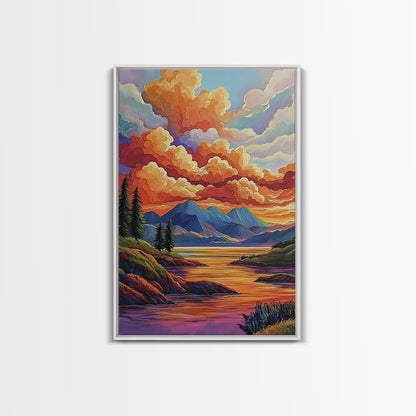 Mountains Lake, Sky Reflection, Canvas Print sunset mountain scene wall decor, serene nature landscape painting, Living Room Wall Art
