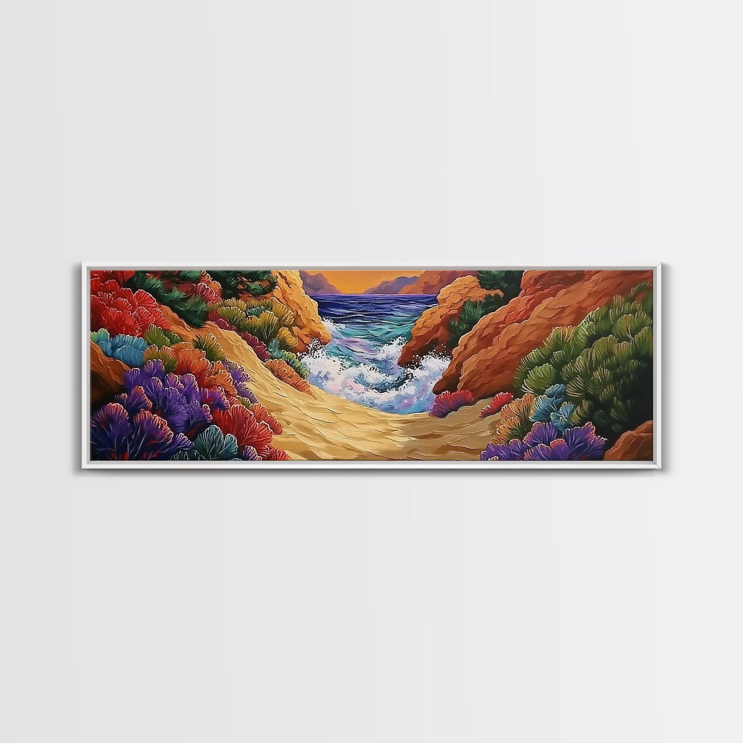 Ocean Path, Colorful Cliffs, Bright Beach, Nature Trail, Framed Canvas Print, Coastal Wall Art, Hallway Decor, Vibrant Seaside Painting