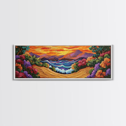 Tropical Sunset Cove, Vibrant Ocean Painting, Beach House Decor, Bold Nature Scene, Boho Living Room Canvas Print, Nature Painting