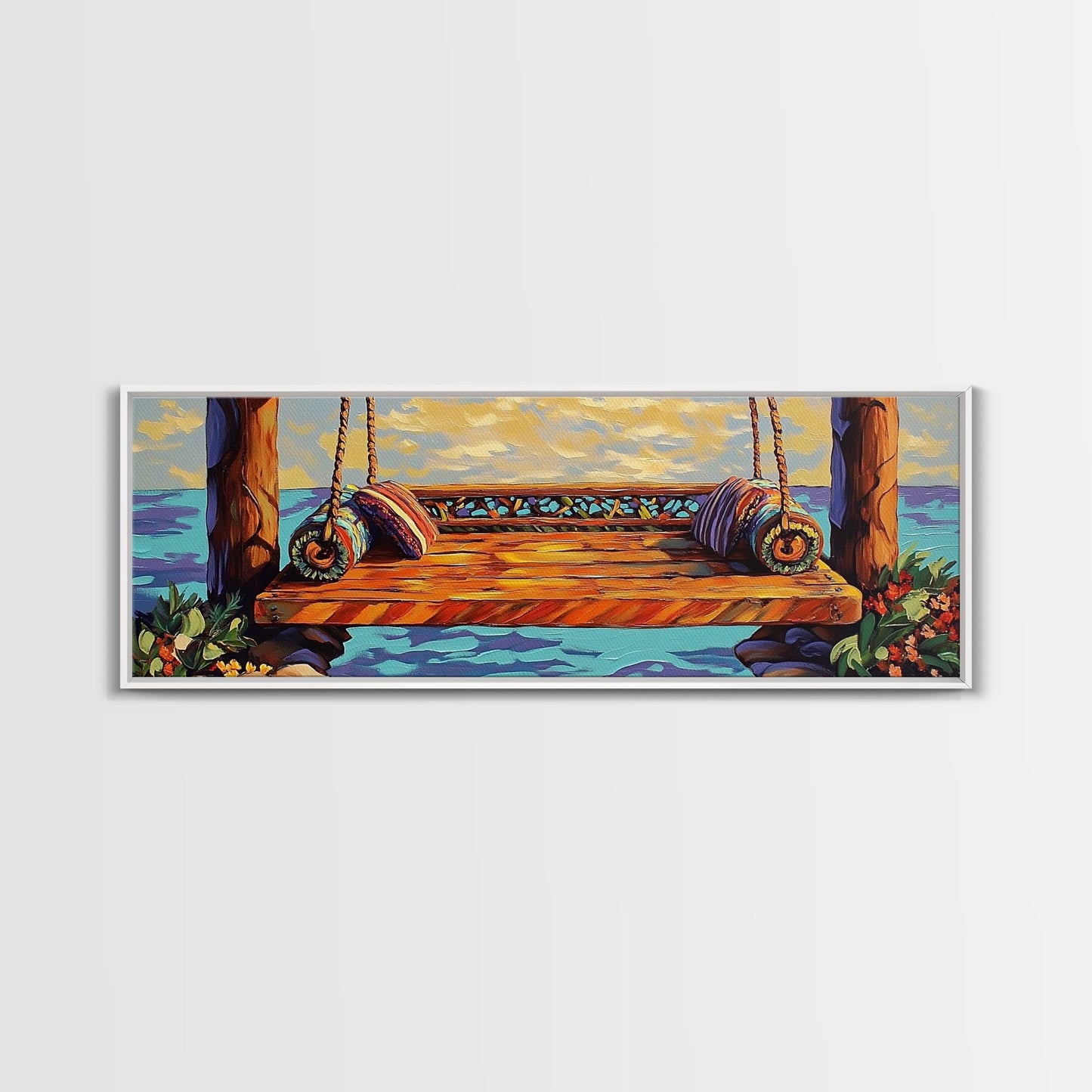 Ocean Swing Scene, Relaxing Seaside Painting, Nautical Coastal Art, Beach House Decor, Peaceful Canvas Print, Hallway Art, Bedroom Art