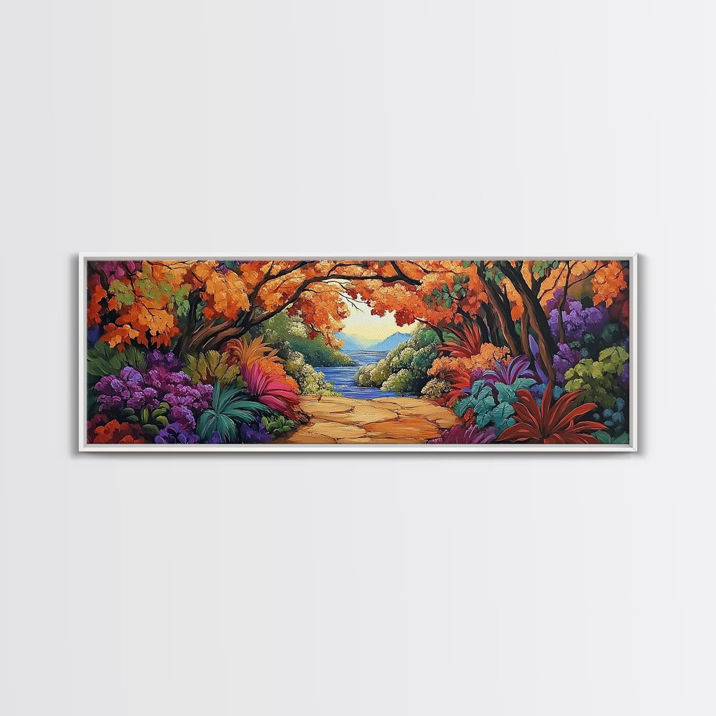 Autumn Archway, Colorful Path, Forest Lake, Vibrant Trees, Framed Canvas Print, Entryway Wall Art, Fall Nature Scene, Boho Art
