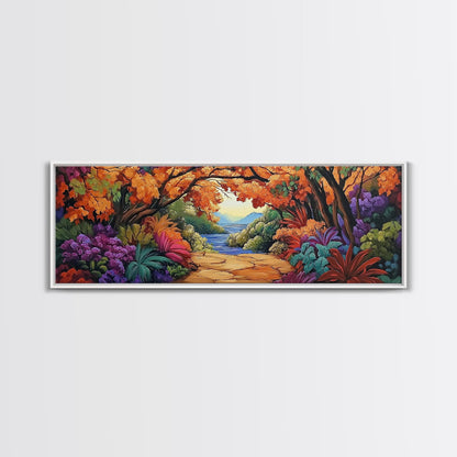 Autumn Archway, Colorful Path, Forest Lake, Vibrant Trees, Framed Canvas Print, Entryway Wall Art, Fall Nature Scene, Boho Art