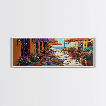 Coastal Café, Ocean View, Umbrella Patio, Bright Florals, Framed Canvas Print, Kitchen Wall Art, Mediterranean Style, Garden Dining Art