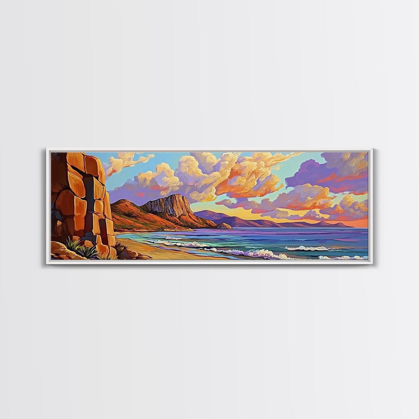 Sunset Beach View, Coastal Mountain Landscape, Peaceful Ocean Wall Art, Framed Canvas Print, Boho Bedroom or Living Room Decor