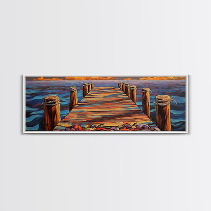 Wooden Dock Sunset, Ocean Pier Painting, Tranquil Seascape Decor, Nautical Beach House Style, Framed Canvas Print