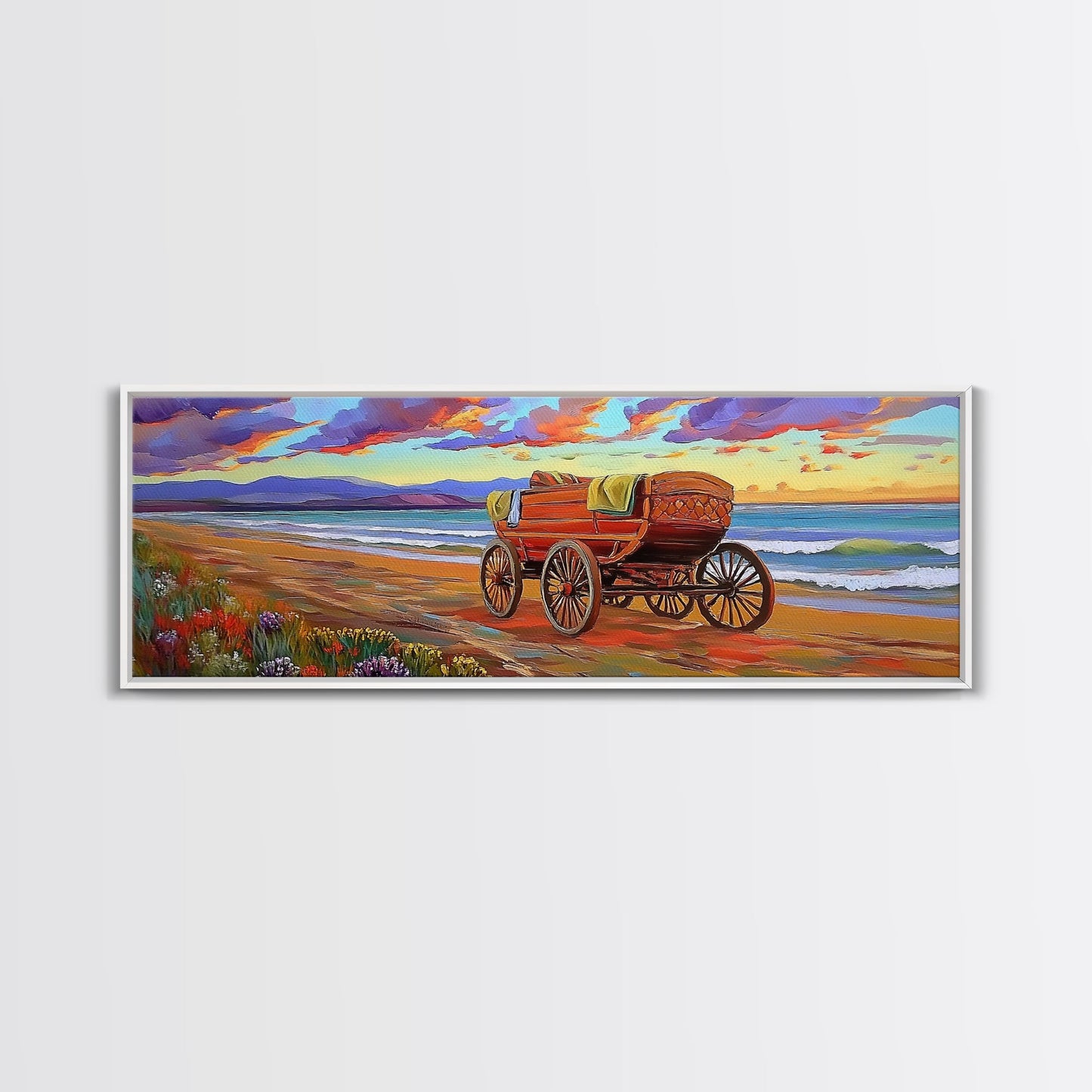 Wagon Beach, Country Ocean, Sunset Retreat, Rustic Cart, Framed Canvas Print, Farmhouse Coastal Art, Entryway Western Decor