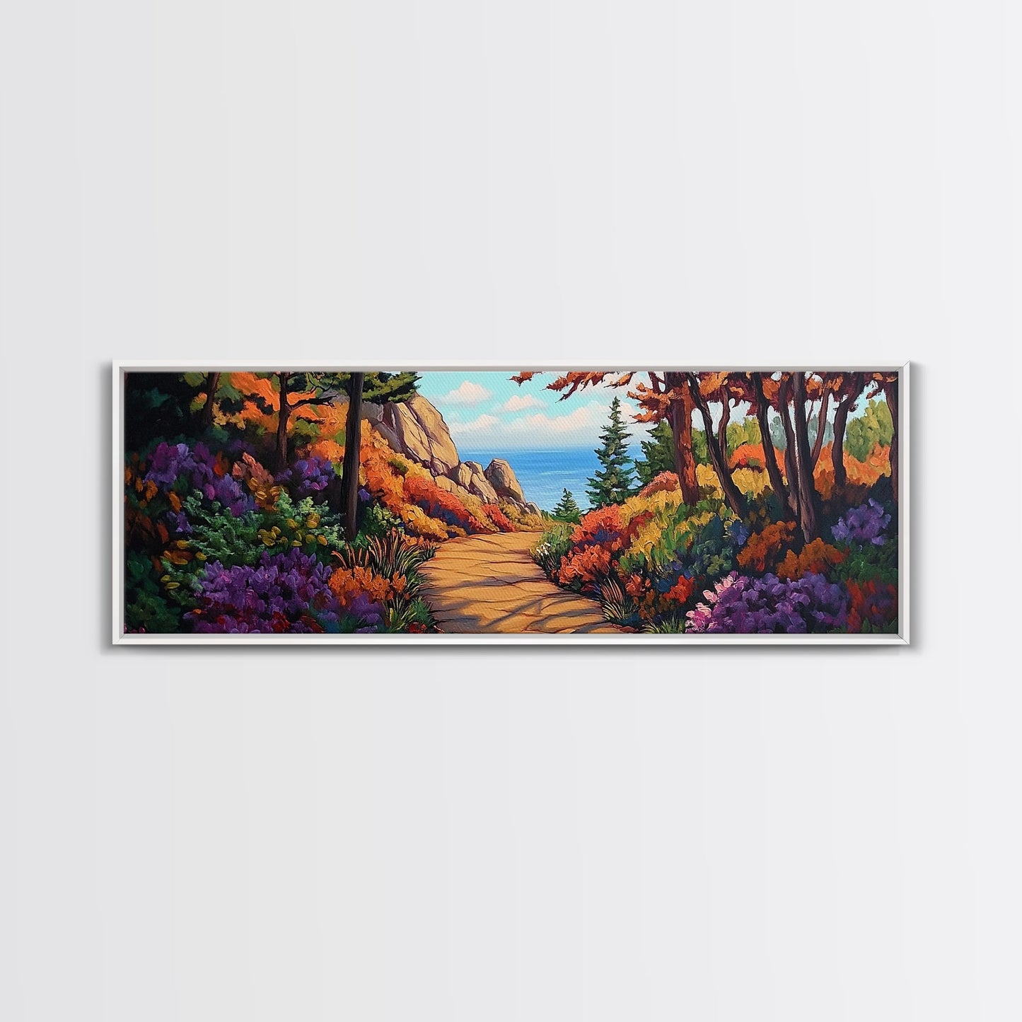 Coastal Forest Walk, Vibrant Landscape Painting, Ocean View Trail, Autumn Decor, Framed Canvas Print, Hallway Wall Art