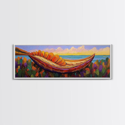 Vibrant Canoe Shell, Coastal Fantasy Art, Ocean Dreamscape, Framed Canvas Print, Tropical Wall Decor, Beach House Accent Piece