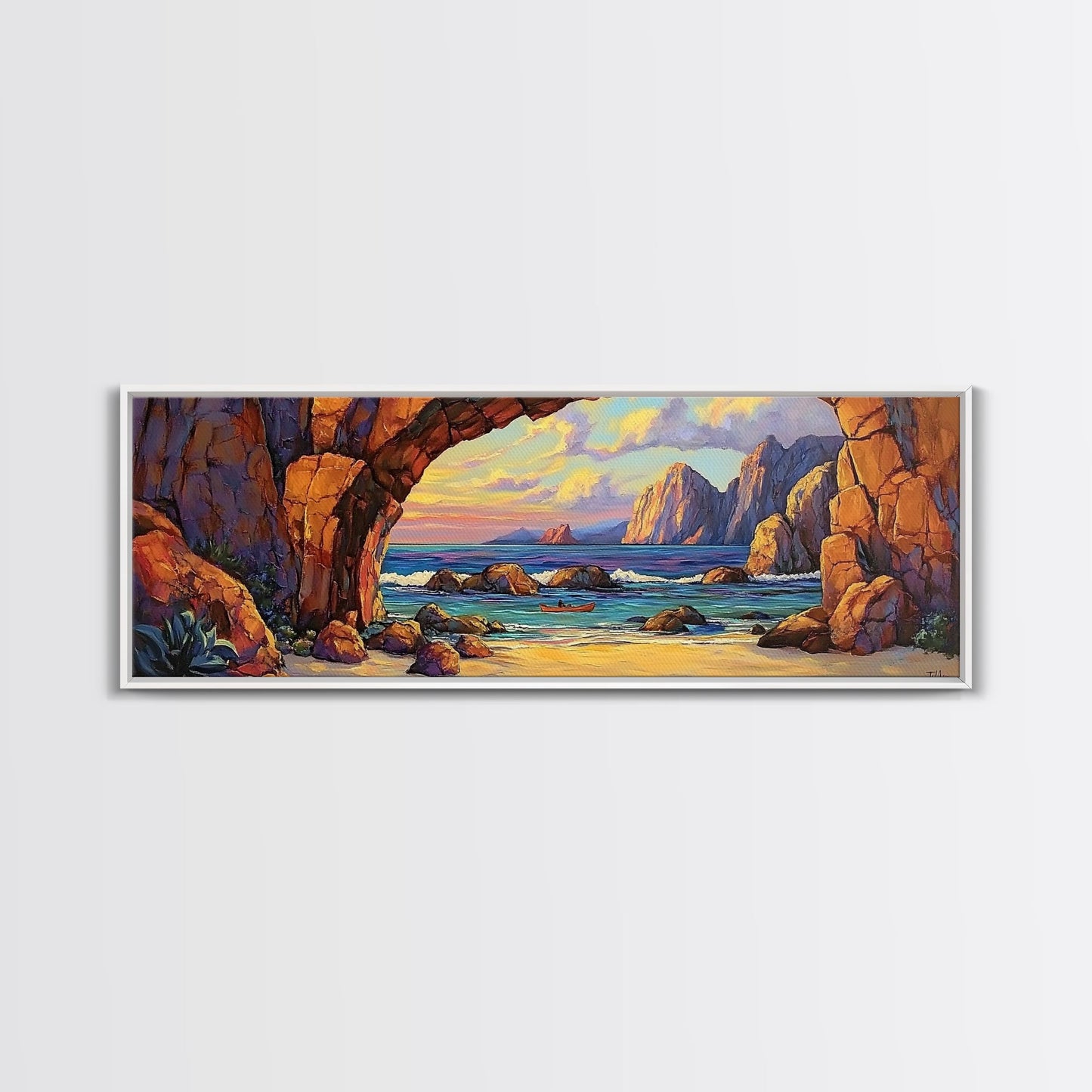 Coastal Archway View, Rocky Beach Sunset, Ocean Serenity, Framed Canvas Print, Nautical Living Room Art, Seaside Escape Scene