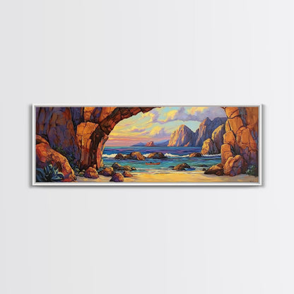 Coastal Archway View, Rocky Beach Sunset, Ocean Serenity, Framed Canvas Print, Nautical Living Room Art, Seaside Escape Scene