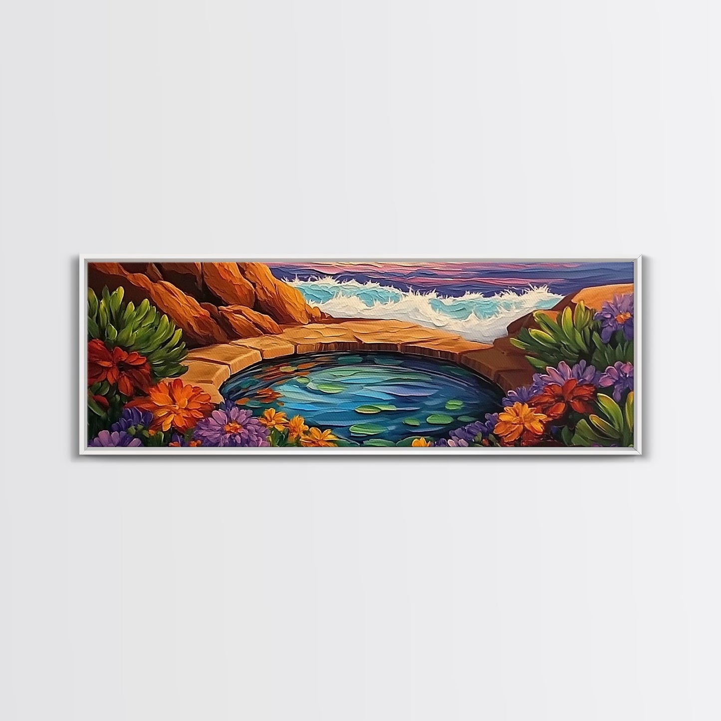 Garden Oasis, Coastal Pool, Tropical Bloom, Framed Canvas Print, Bathroom Wall Art, Vibrant Nature Decor, Colorful Landscape Art