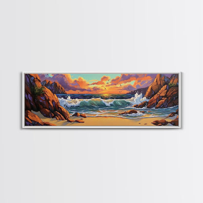 Sunset Beach Waves, Dramatic Ocean, Bold Skies, Framed Canvas Print, Entryway Wall Art, Nature Escape, Colorful Beach Scene