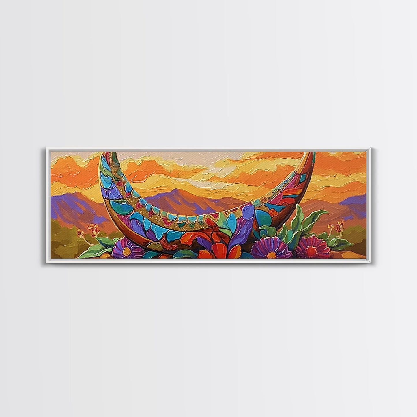 Crescent Moon, Floral Sunset, Western Vibes, Framed Canvas Print, Desert Boho Wall Art, Living Room Decor, Whimsical Southwestern Art