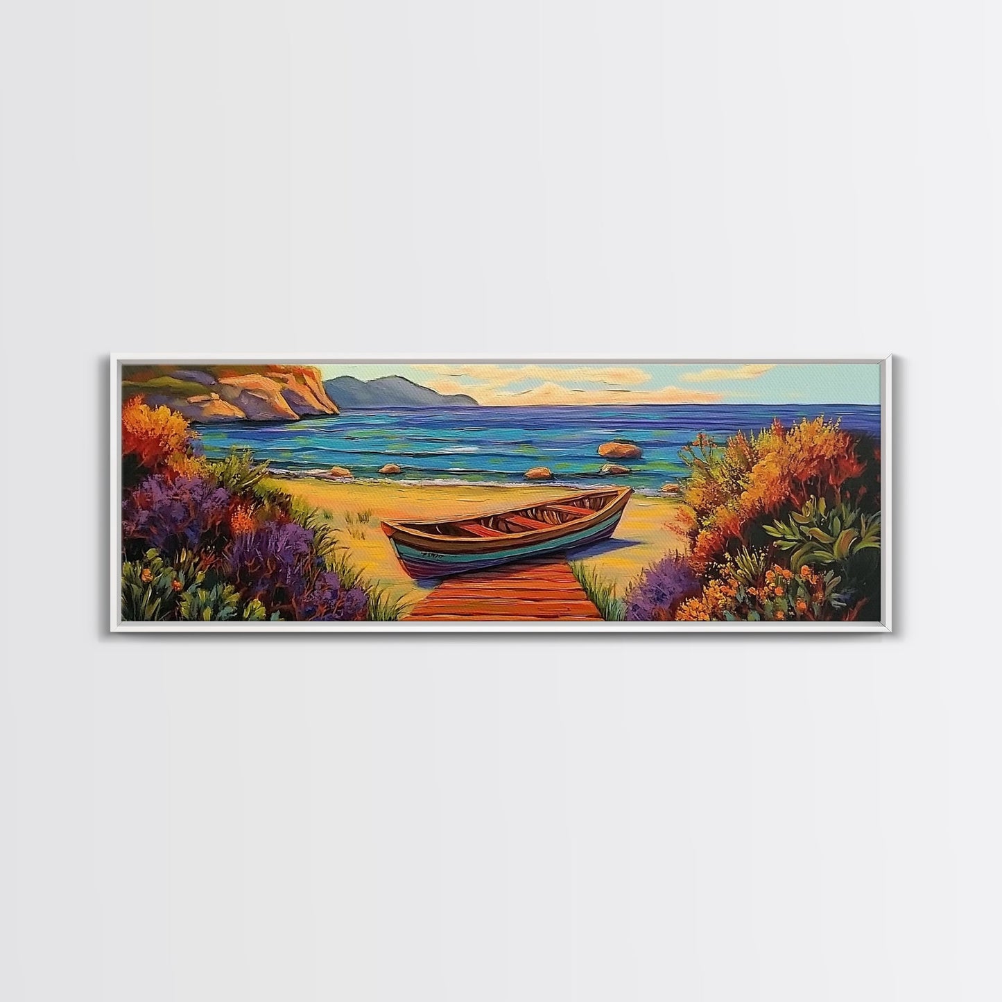 Beach Rowboat Painting, Tranquil Shoreline Scene, Coastal Landscape Art, Summer Lake House Style, Framed Canvas Print, Nature Wall Art