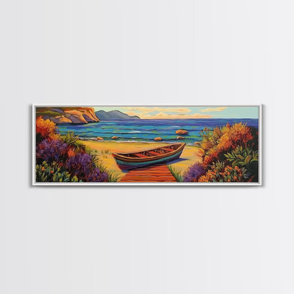 Beach Rowboat Painting, Tranquil Shoreline Scene, Coastal Landscape Art, Summer Lake House Style, Framed Canvas Print, Nature Wall Art