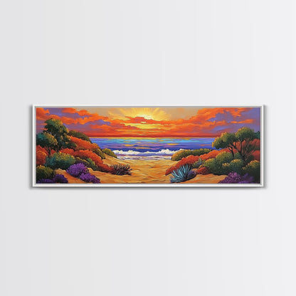 Autumn Sunset Path, Beach Trail Art, Vibrant Landscape, Framed Canvas Print, Fall Home Decor, Coastal Living Room Wall Art, Boho Art