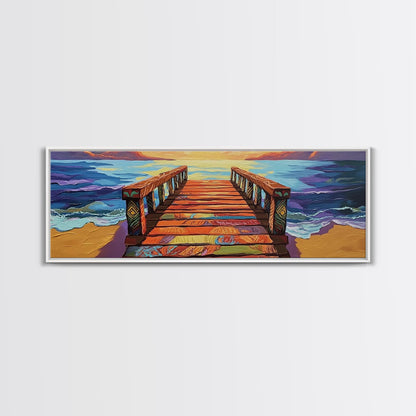 Colorful Pier, Sunset View, Ocean Dock, Serene Shoreline, Framed Canvas Print, Beach House Wall Art, Coastal Landscape Painting