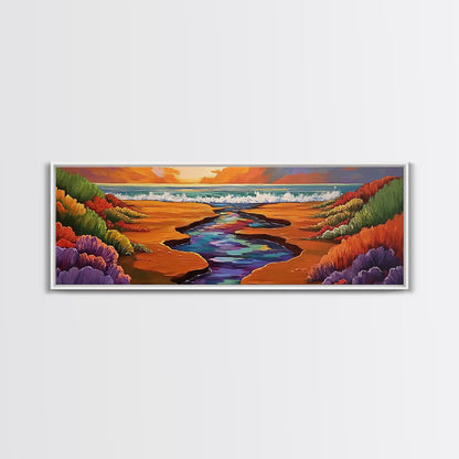 Sunset Stream, Coastal Canyon, Colorful Shoreline, Boho Nature Scene, Framed Canvas Print, Hallway Wall Art, Autumn Inspired Landscape
