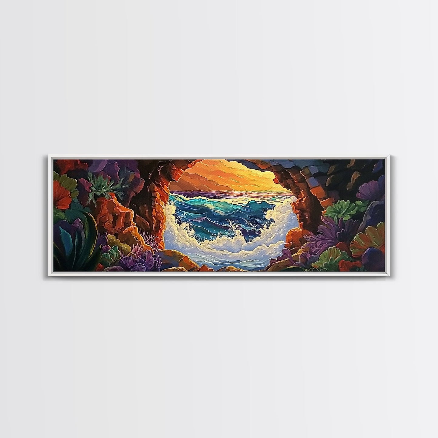 Ocean Cave View, Sunset Waves, Coastal Decor, Tropical Art, Framed Canvas Print, Beach House Wall Art, Vibrant Seascape, Boho Style