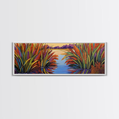 Sunset Reeds, Colorful Marsh, Reflected Peace, Framed Canvas Print, Autumn Wall Art, Living Room Decor, Vibrant Nature Landscape