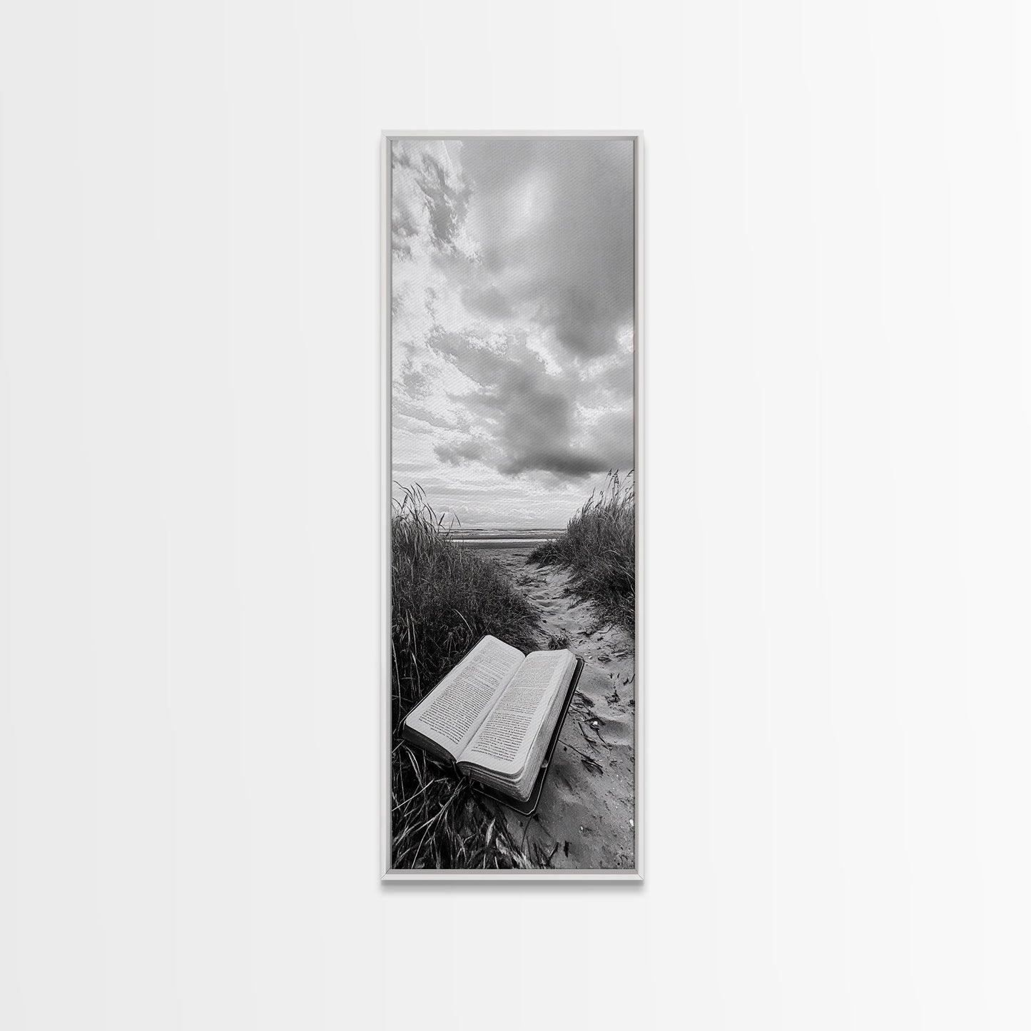Bible on Beach, Spiritual Escape, Coastal Tranquility, Nature Meditation, Canvas Print, Faith Wall Art, Office Decor, Minimalist Art