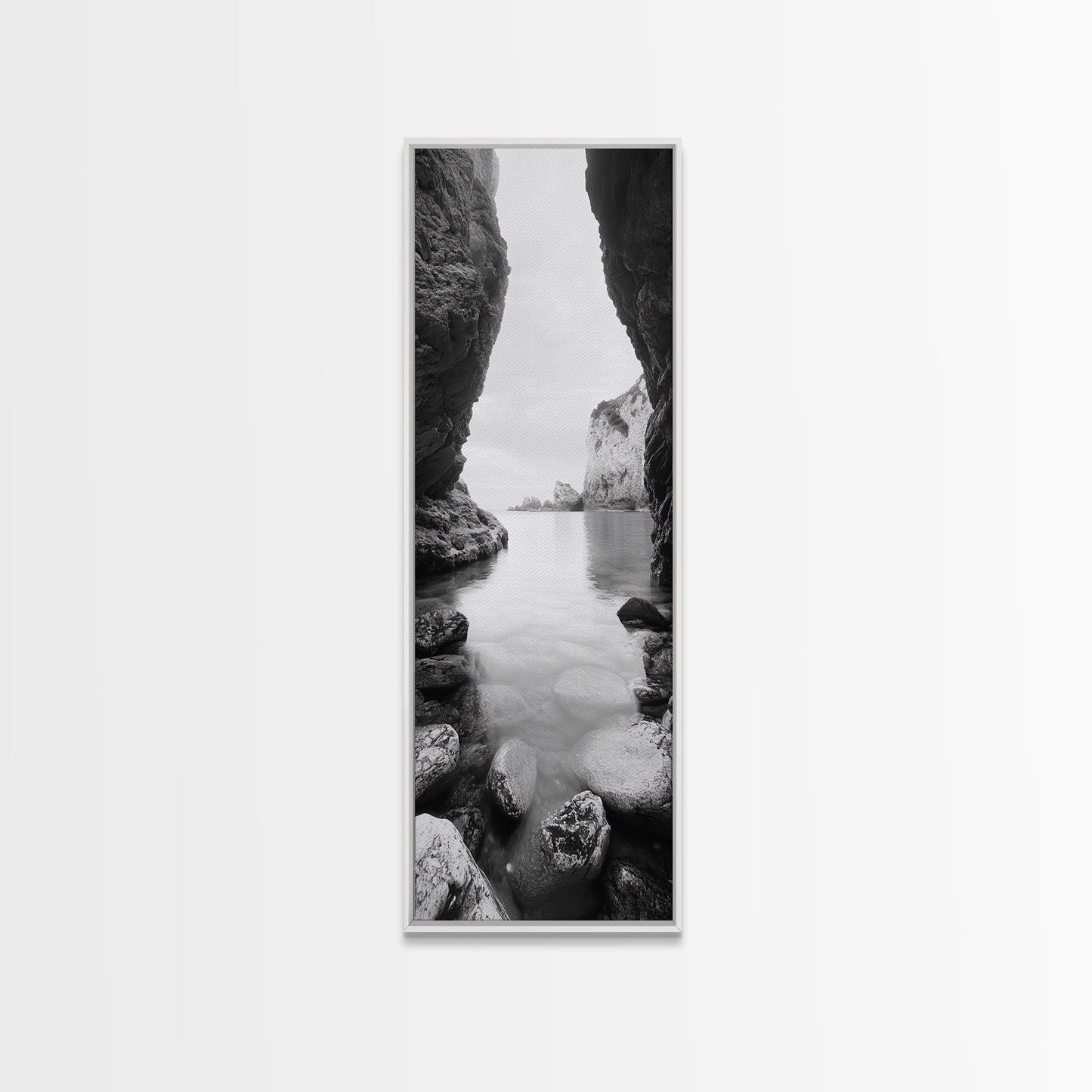 Cliff View, Hidden Bay, Ocean Serenity, Rock Formations, Canvas Print, Black and White Coastal Landscape, Entryway Art, Dining Wall Art