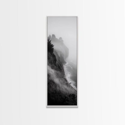 Cliffside Fog, Coastal Mist, Ocean Overlook, Framed Canvas Print, Living Room Wall Art, Monochrome Decor, Moody Landscape, Minimalist Home
